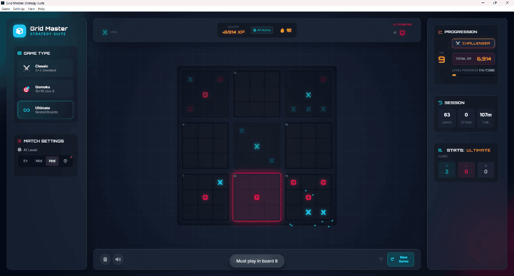 Grid Master Strategy Suite showing clean Ultimate Tic-Tac-Toe gameplay