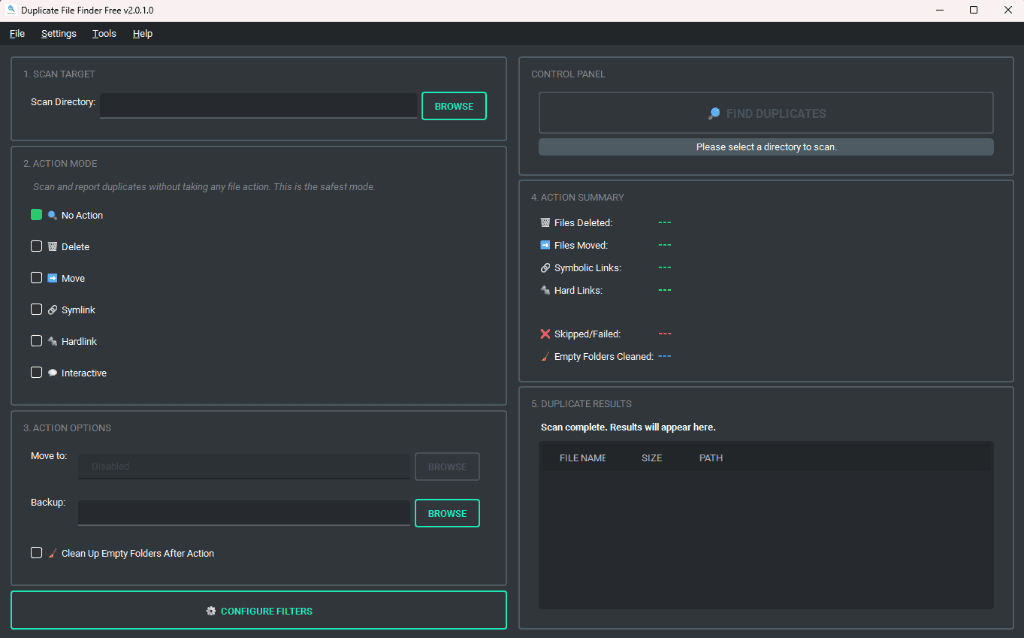 Duplicate File Finder main dashboard with hash-grouped tree view