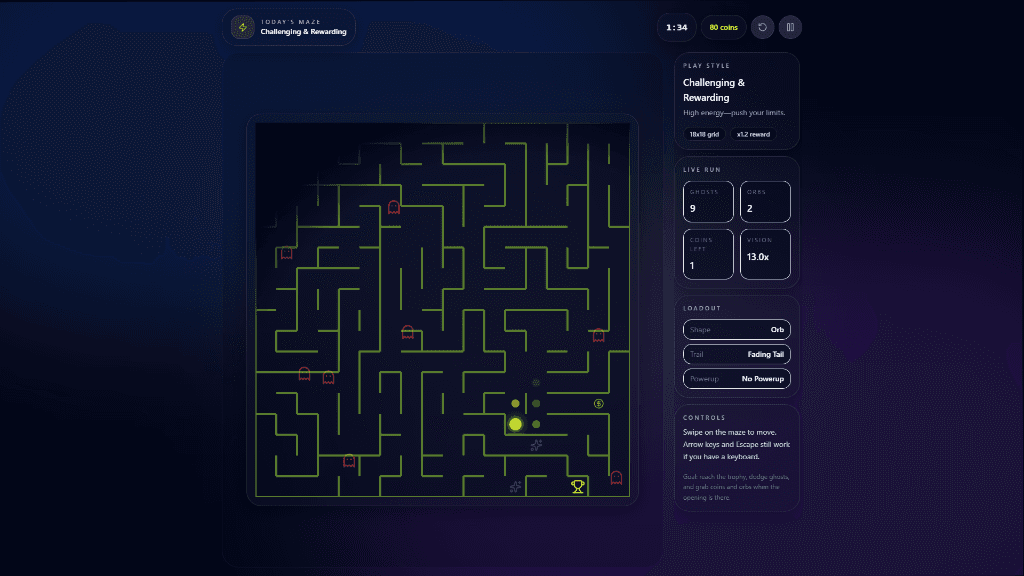 MoodyMazer gameplay showing neon-lit dark maze