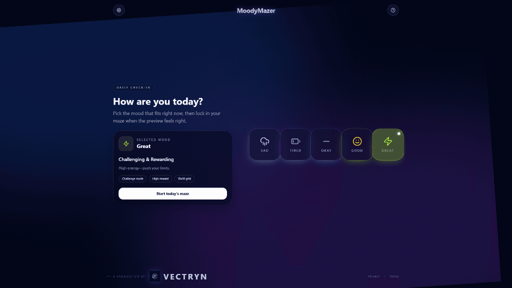 MoodyMazer mood selector screen
