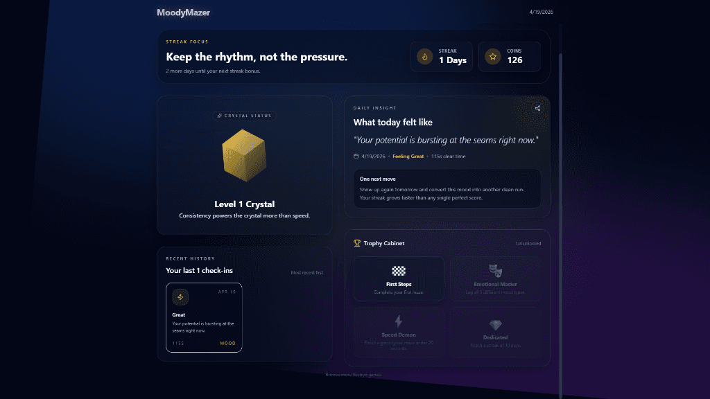 MoodyMazer progress and streaks