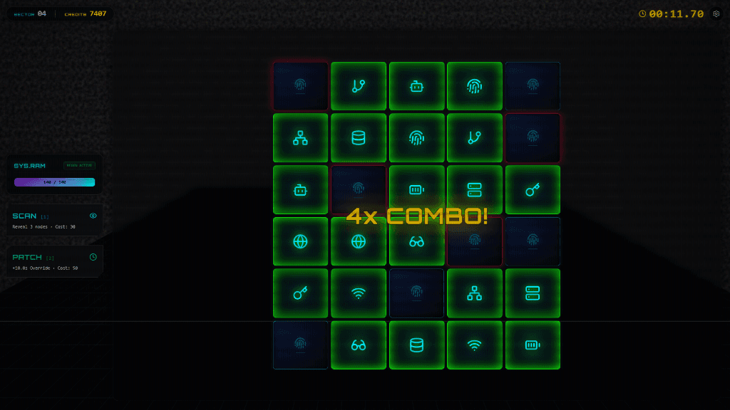 Neural Match 2.0 gameplay — matching data fragments with 4x combo