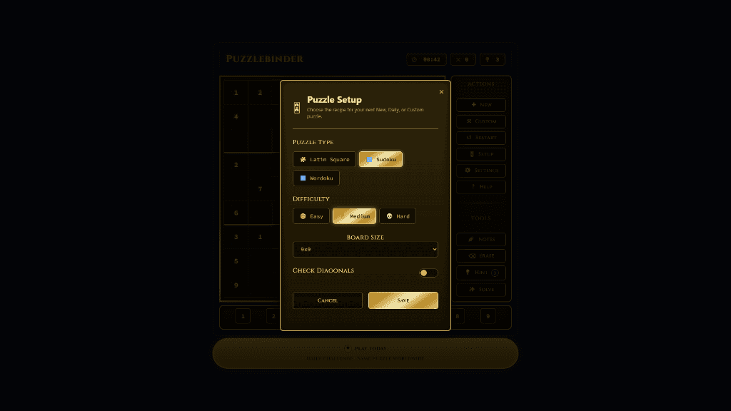 Puzzlebinder puzzle setup screen