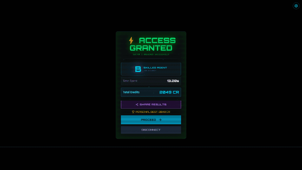 Neural Match results screen — Access Granted with credits and rank